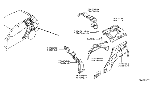 2013 Nissan Rogue Bracket-Trim Mounting,RH Diagram for 76654-JM00A