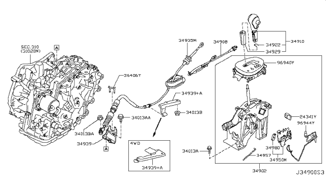 2011 Nissan Juke Control Cable Assembly Diagram for 34935-1KF1A