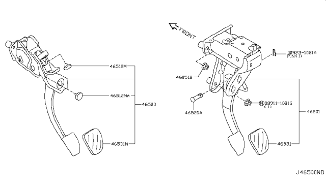 2011 Nissan Juke Pedal Assy-Brake W/Bracket Diagram for 46501-1KA0B