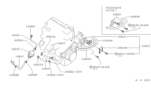 1985 Nissan 720 Pickup Pipe EAI Lower Diagram for 14823-40W10