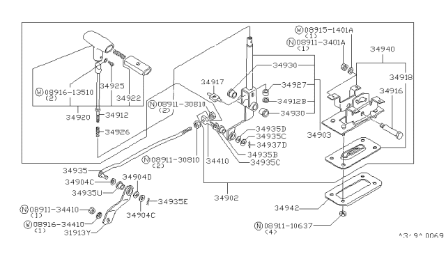 1984 Nissan 720 Pickup Transmission Control Device Assembly Diagram for 34902-09W00