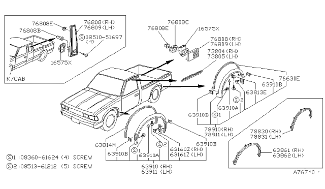 1986 Nissan 720 Pickup MOULDING Set Roof Drip RH Diagram for 76812-80W00
