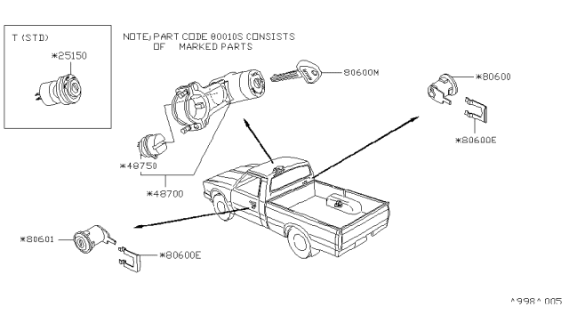 1986 Nissan 720 Pickup Key Set Cylinder Lock Diagram for 99810-20W26