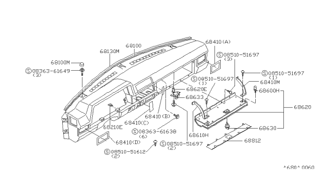 1983 Nissan 720 Pickup Rubber Instrument Diagram for 68111-01W01