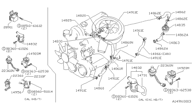 1986 Nissan 720 Pickup EAI Pipe Support Diagram for 14825-A5500