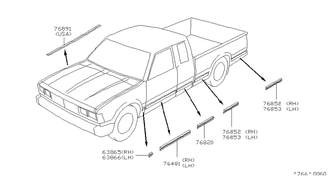 1985 Nissan 720 Pickup 720BODY Side Molding Pillar Diagram for 76872-S3500