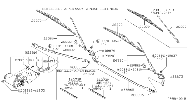1983 Nissan 720 Pickup Windshield Wiper Blade Assembly Diagram for 28890-18W00