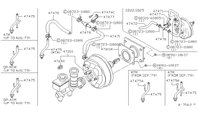 1980 Nissan 720 Pickup Master Vacuum Diagram for 47210-05W10