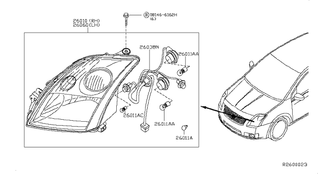 2012 Nissan Sentra Passenger Side Headlight Assembly Diagram for 26010-ZT50B