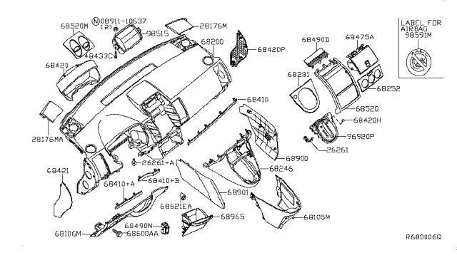 2012 Nissan Sentra Panel & Pad Assy-Instrument Diagram for 68200-ZT52A