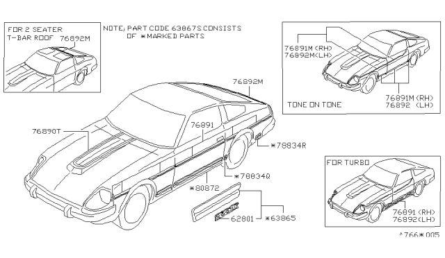 1982 Nissan 280ZX Stripe RH Lower Side Diagram for 77902-P9160