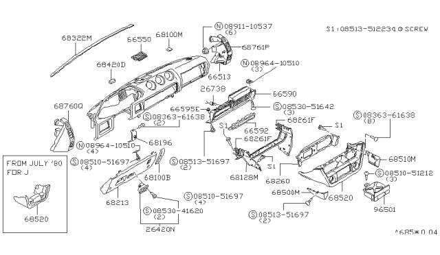 1981 Nissan 280ZX Vent Instrument Up Rd Diagram for 68710-P9102