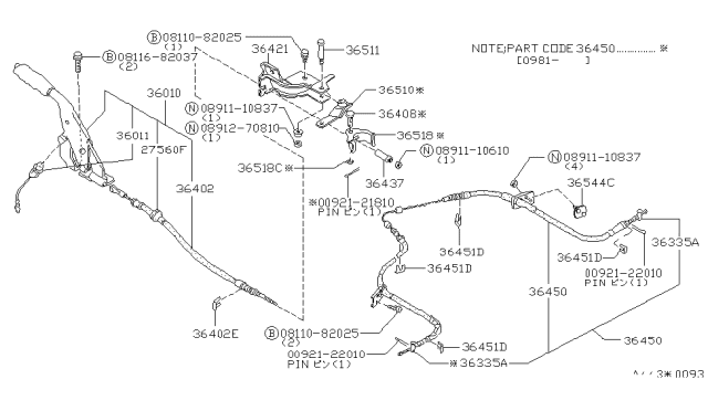 1981 Nissan 280ZX Cable Parking Brake Diagram for 36402-P6560