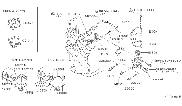 1980 Nissan 280ZX Thermostat Assembly Diagram for 21200-B8202