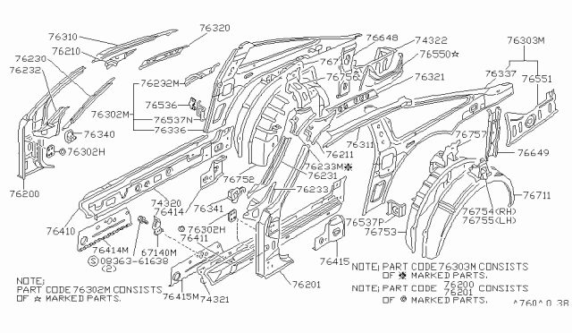 1989 Nissan 300ZX Rail Side Roof LH Diagram for 76333-01P00