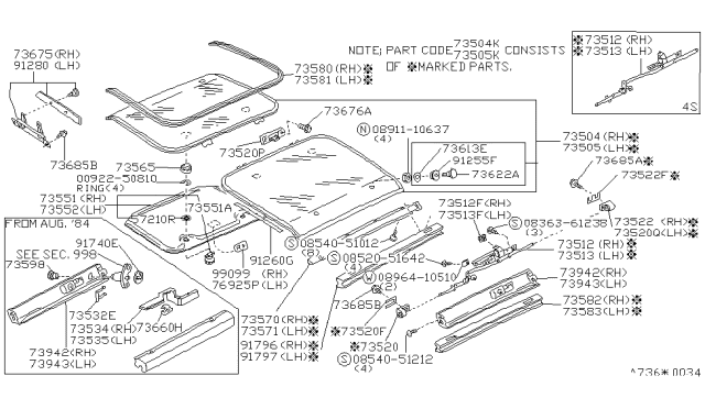 1987 Nissan 300ZX Knob Roof LOK R Diagram for 73526-03P03