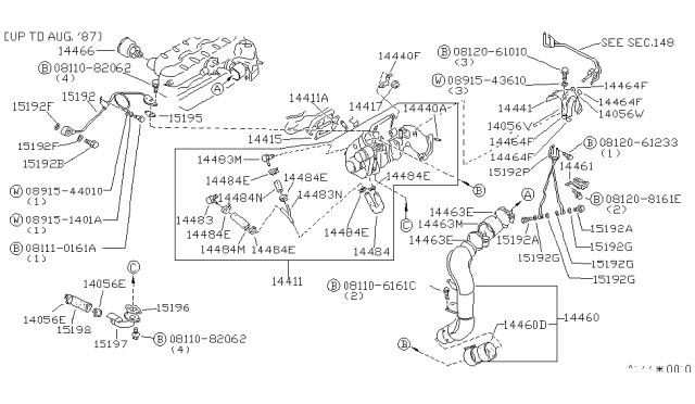 1987 Nissan 300ZX Gasket-Turbo Charger Oil Diagram for 15196-56E00