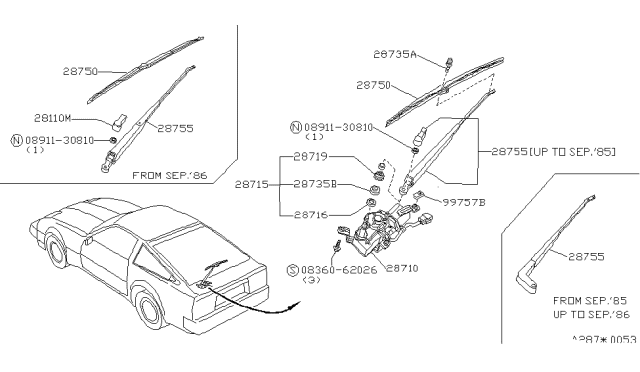 1986 Nissan 300ZX Rear Window Wiper Arm Assembly Diagram for 28780-01P00