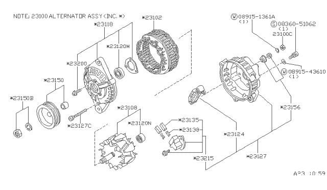 1985 Nissan 300ZX Alternator Assembly Diagram for 23100-05P01