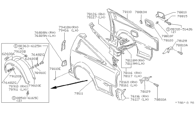 1984 Nissan 300ZX Extension Rear Fender L Diagram for 78115-04P50