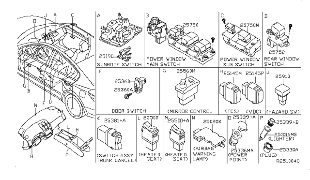 2010 Nissan Altima Switch Assembly-Heat Seat (Driver) Diagram for 25500-9N00A