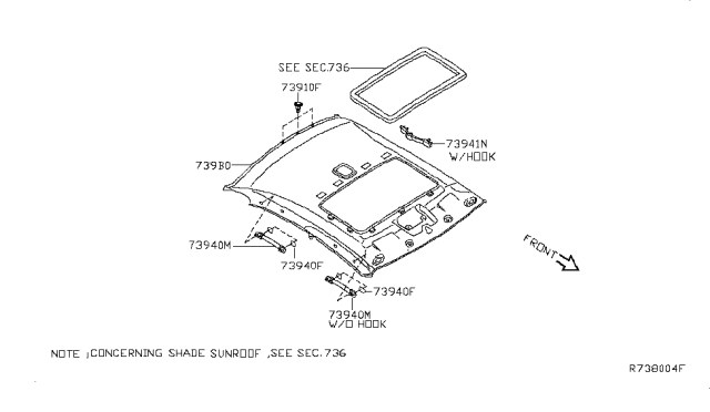 2010 Nissan Altima Module Assembly-Roof Trim Diagram for 739B0-ZN45C