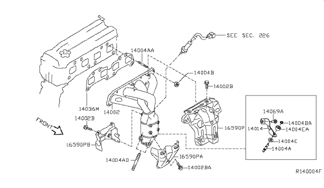 2007 Nissan Altima Exhaust Manifold Assembly Diagram for 14002-JA10A
