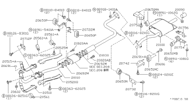 1991 Nissan Sentra Exhaust Tube Assembly, Front Diagram for 20010-65Y00