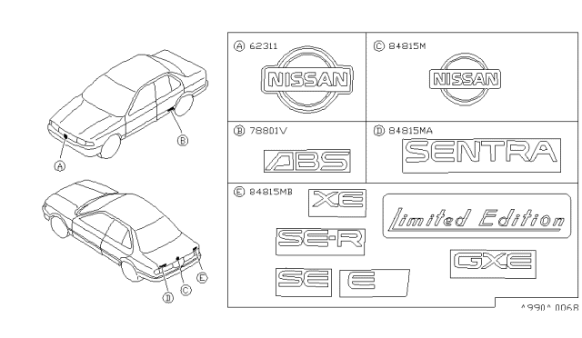 1992 Nissan Sentra Side Rear Name Label Diagram for 99099-62Y60