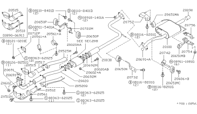 1993 Nissan Sentra Exhaust Tube & Muffler Diagram 2