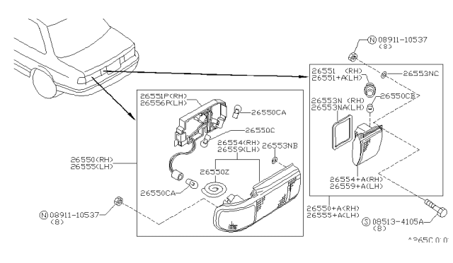 1992 Nissan Sentra Lamp Assembly-Rear Combination Diagram for 26555-65Y61