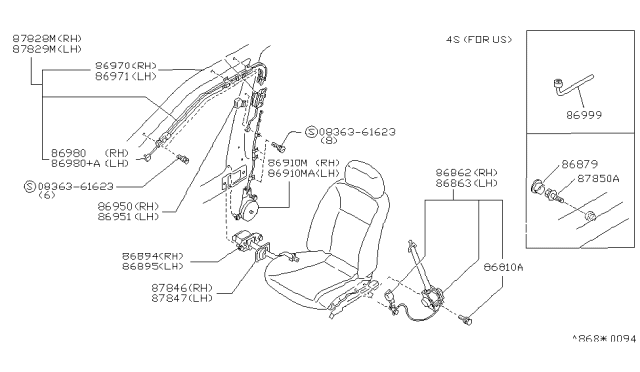 1992 Nissan Sentra Tongue Belt Assembly, Passive Right Diagram for 86894-65Y09