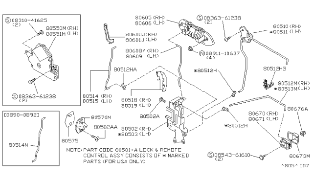 1992 Nissan Sentra Rear Door Inside Handle Assembly, Passenger Side Diagram for 80670-50Y04