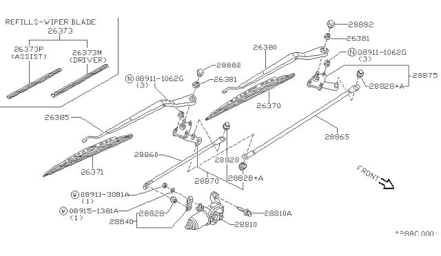 1992 Nissan Sentra Wiper Motor Arm Assembly Diagram for 28825-59J00