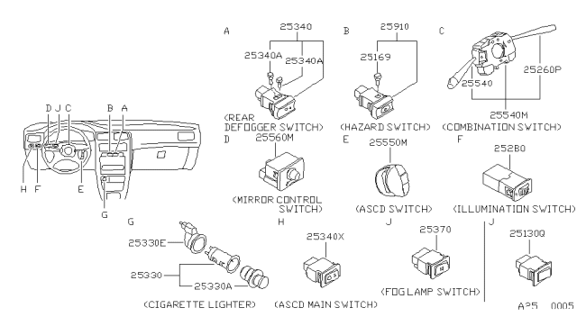 1993 Nissan Sentra Switch Assy-Fog Lamp Diagram for 25370-50Y00