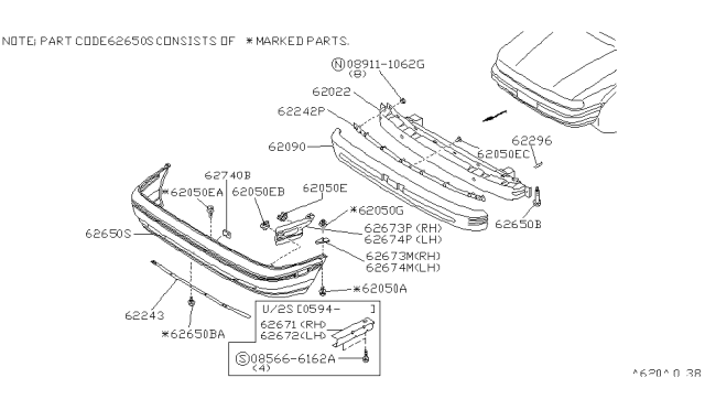 1994 Nissan Sentra RETAINER-Front Bumper,Lower R Diagram for 62242-65Y00