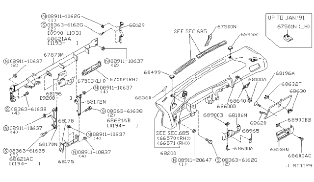 1994 Nissan Sentra Bracket-Instrument Side R Diagram for 68129-65Y00