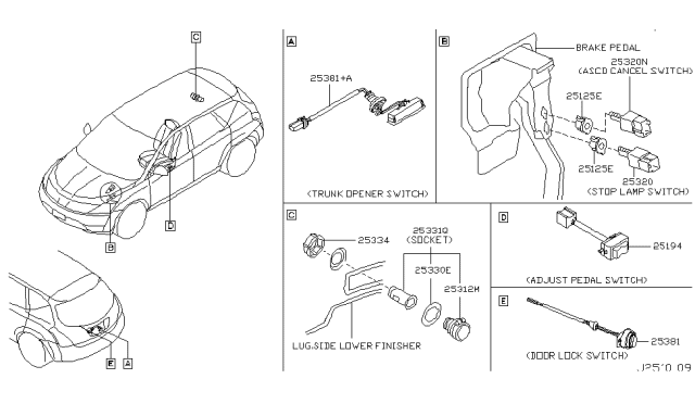 2005 Nissan Murano Switch Assy-Trunk Opener Diagram for 25210-CB800