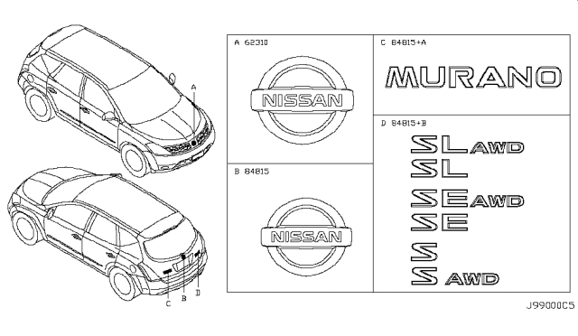 2006 Nissan Murano Front Emblem Diagram for 62890-CA000