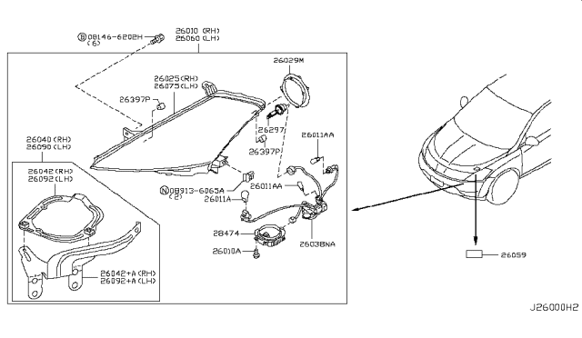 2007 Nissan Murano Passenger Side Headlamp Assembly Diagram for 26010-CB80C