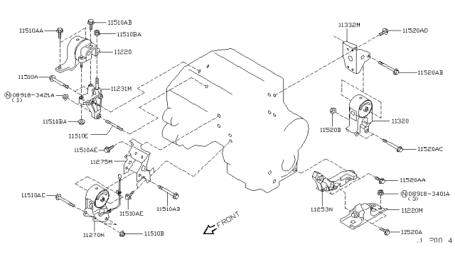 2003 Nissan Murano Engine Mounting Bracket, Rear Diagram for 11332-CA000