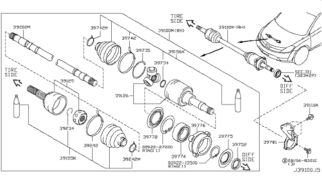 2006 Nissan Murano Shaft Assembly-Front Drive,R Diagram for 39100-CA100