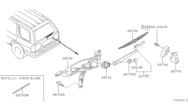 2004 Nissan Pathfinder Rear Window Wiper Arm Assembly Diagram for 28780-2W100