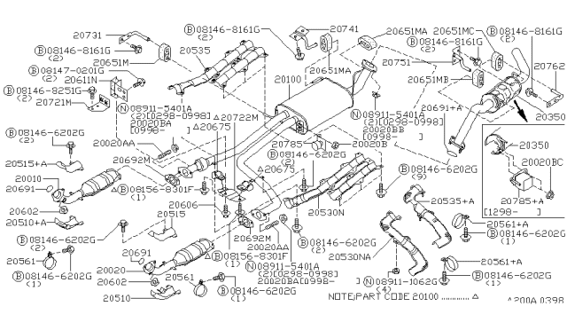 1998 Nissan Pathfinder Exhaust Muffler Assembly Diagram for 20100-0W701