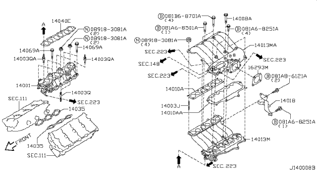2003 Nissan Pathfinder Gasket-Manifold,Upper Diagram for 14033-4W010