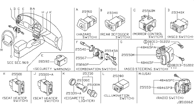 1998 Nissan Pathfinder Rear Wiper Switch Diagram for 25260-0W000