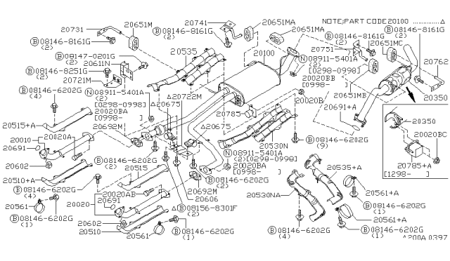 1999 Nissan Pathfinder Exhaust Muffler Assembly Diagram for 20100-2W100