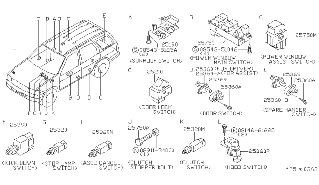 1997 Nissan Pathfinder Switch Assy-Power Window,Assist Diagram for 25411-0M010