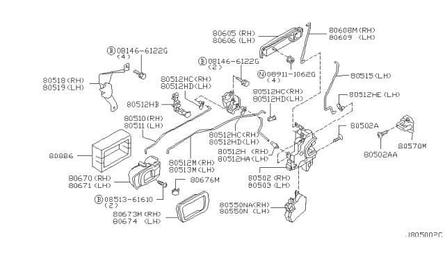 2001 Nissan Pathfinder Front Door Outside Handle Assembly, Right Diagram for 80606-0W000