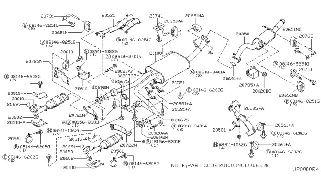 2004 Nissan Pathfinder Exhaust, Main Muffler Assembly Diagram for 20100-5W015